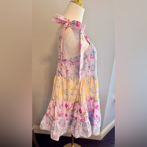 LOVESHACKFANCY Jeanne Pastel Floral Tiered Bow Strap Mini Dress 100% Cotton ~SM - Picture 13 of 16